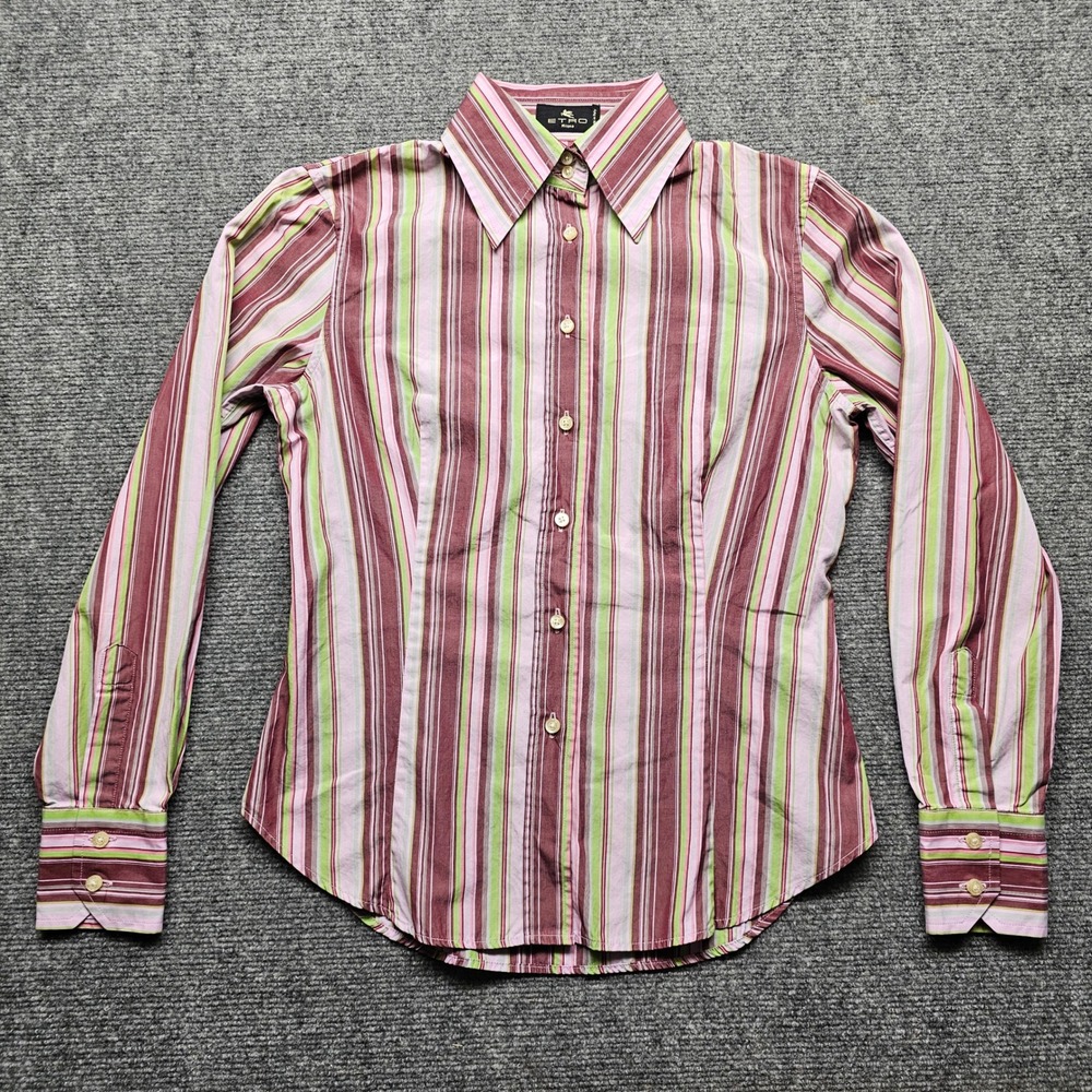 Etro Milano Striped Button Down Shirt Pink Green Burgundy Made in Italy Size 42